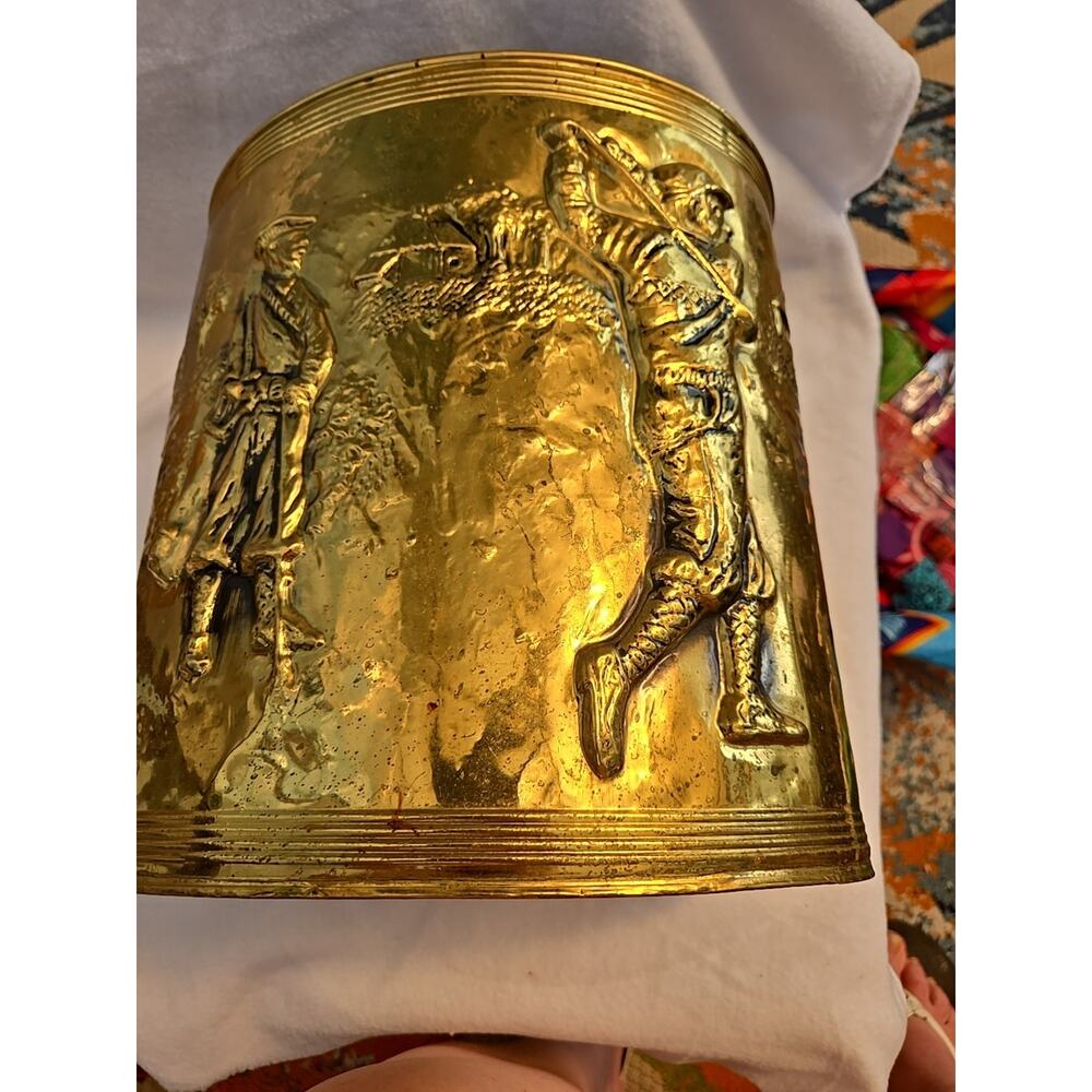 Vintage Brass Trash Bin. England Embossed Golf Golfing Scene 10.5 in Tall